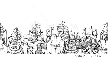 Bolete Russula mushroom, horsetail plant stalks moss cushion hand drawn in vector ink. Cep webcap suillus fungi, autumn forest harvest, edible raw ingredient for vegan cooking. Seamless banner header 129743206