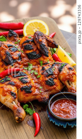 Spicy mozambican piri piri chicken with lemon and chili served on a wooden cutting board 129743336
