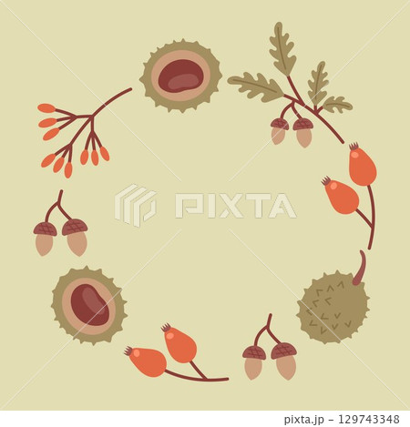 Happy Thanksgiving Day. Fall. Round frame with chestnuts, acorns, autumn leaves and berries. Festive seasonal holiday illustration. Happy fall harvest decoration design Happy Thanksgiving Day. Fall. Round frame with chestnuts, acorns, autumn leaves and berries. Festive seasonal holiday illustration. Happy fall harvest decoration design 129743348