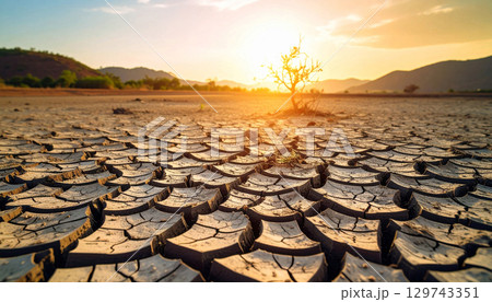 深刻な水不足と干ばつの風景,Generative AI,AI画像 129743351