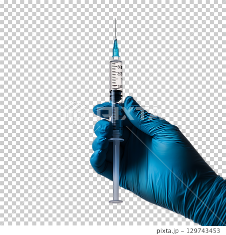 Medical Syringe with Vaccine Vial Closeup of a gloved hand holding a syringe filled with a clear liquid against a black background On Transparent Background 129743453