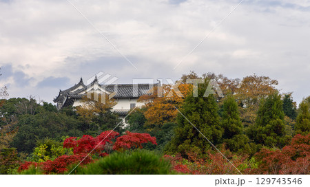 Himeji Castle roofs with autumn trees under cloudy sky 129743546