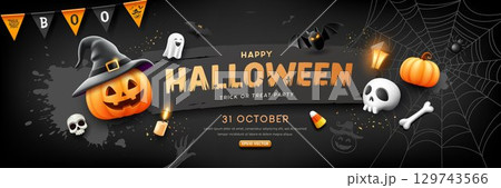 Happy Halloween pumpkin wearing a black hat, Ghost and Spooky bat flying, candles, poster banner 129743566