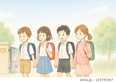 登校する小学生　新学期　二学期スタート　教育　学校イラスト 129743567