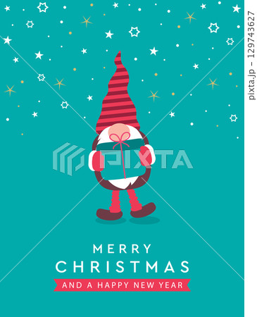 christmas greeting card with cute dwarf with gift vector illustration christmas greeting card with cute dwarf with gift vector illustration 129743627
