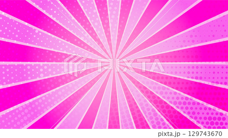Retro rose pink sun rays on halftone bg. Pop art comic cartoon 129743670