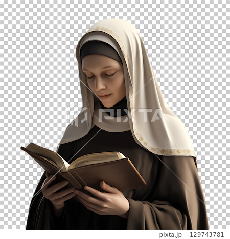 Nun Reading Book Religious Woman Medieval Clothing Spiritual Faith Prayer Scripture On Transparent Background 129743781