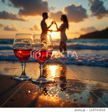 Two glasses and a couple in love against the backdrop of the sea. Two glasses filled with ruby-colored drink on a sandy beach with soft waves.  129743910