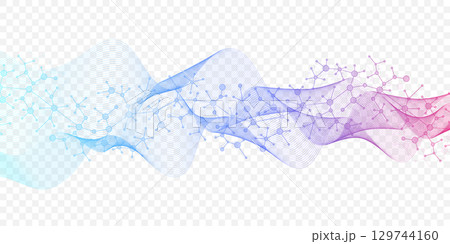 Colorful molecules background with DNA helix, DNA strand, DNA Test. Molecule or atom, neurons. Abstract structure for science, healthcare or medical background, banner. Scientific vector illustration 129744160