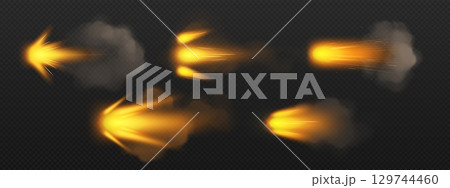 Yellow fire gun blast effects with smoke trails 129744460