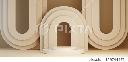 Beige podium display with layered arch backdrop 129744471