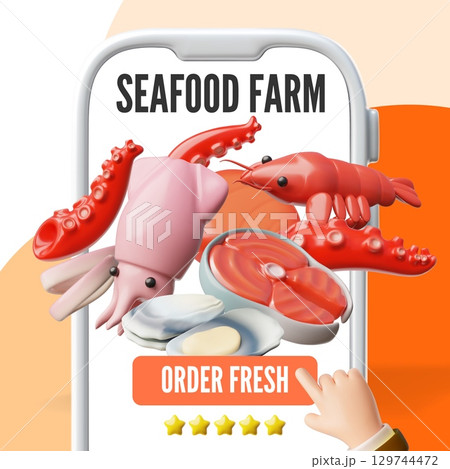 Seafood farm shop 3D vector design, online order fresh food delivery service on smartphone screen, marine products Seafood farm shop 3D vector design, online order fresh food delivery service on smartphone screen, marine products 129744472