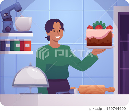 Woman confectioner presenting cake with cream and strawberries, culinary baker in the kitchen vector flat illustration 129744490