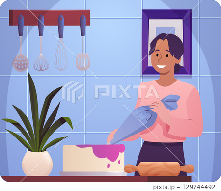 Woman confectioner cooking cake, applies cream, decorates, baker preparing sweet dessert, vector flat culinary bakery 129744492