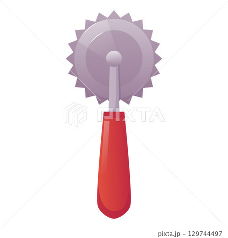 Round knife with red handle flat vector icon, kitchen knife for dough cutting, confectionery equipment with sharp teeth 129744497