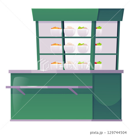 Cafe and restaurant shop counter, stand showcase with dishes assortment display, vector flat stainless green furniture Cafe and restaurant shop counter, stand showcase with dishes assortment display, vector flat stainless green furniture 129744504