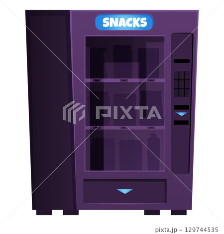 Snacks machine automated device flat vector icon, selling vending machine with empty shelves, cafe restaurant appliance 129744535