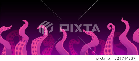 Octopus waving long tentacles with suckers on sea bottom vector background, cartoon ocean monster kraken limbs wriggles 129744537