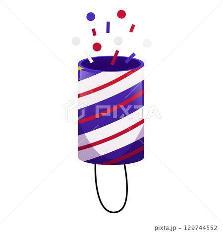 Party popper tube with confetti, serpentine, party striped firecracker launch, cartoon vector festive holiday surprise 129744552