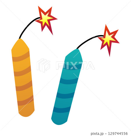 Firecrackers with burning wick, firework petard with lit fuse, two blue and orange festive bombs vector pyrotechnic tool Firecrackers with burning wick, firework petard with lit fuse, two blue and orange festive bombs vector pyrotechnic tool 129744556