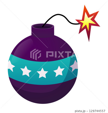 Firecracker with a lit fuse painted with a stars pattern, vector round firework bomb with burning wick, pyrotechnic tool Firecracker with a lit fuse painted with a stars pattern, vector round firework bomb with burning wick, pyrotechnic tool 129744557