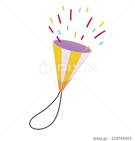 Colorful firecracker launch, party popper cone with confetti, serpentine, cartoon vector festive holiday surprise 129744563