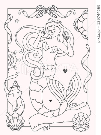 Vintage monochrome coloring page with a mermaid in a fairytale sea. Perfect for detailed coloring books, featuring intricate line art 129744569