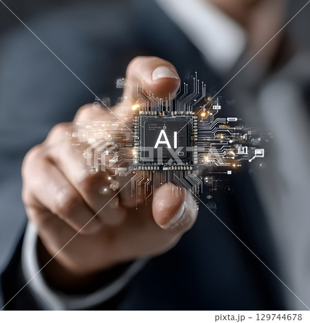 A digital finger interacts with a central AI microchip, illuminating a complex circuit network, symbolizing future technology and smart computing. 129744678