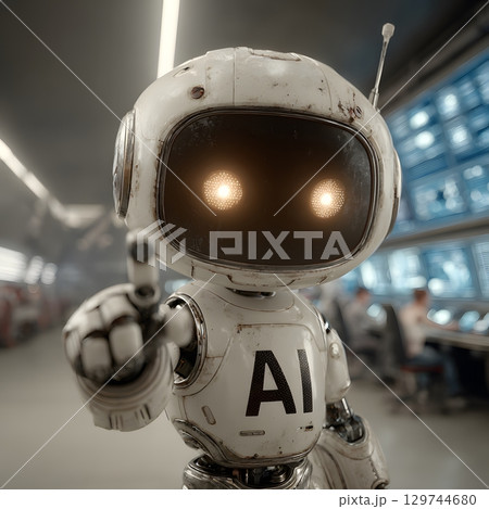White AI robot with glowing eyes points its finger, demonstrating intelligent automation and future technology innovation. 129744680