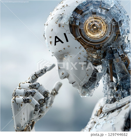 An artificial intelligence robot is in a deep thinking pose, representing advanced machine learning and future technology development. 129744682