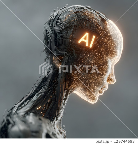 This image features an artificial intelligence entity's head with glowing internal circuits and bright digital data points, embodying future technology. 129744685