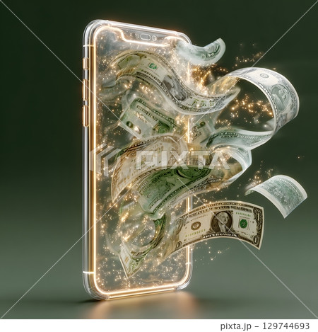 A vibrant stream of digital money, shown as dollar bills, emerges magically from a glowing smartphone screen, symbolizing wealth growth and secure mobile finance. 129744693