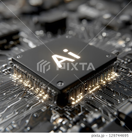 Advanced artificial intelligence processing unit glows on an intricate circuit board, representing future digital technology and innovation. 129744695