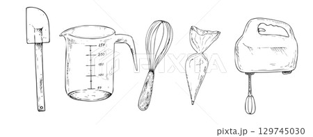 Vector kitchen utensils set. Pastry bag, measuring cup, whisk, spatula, hand mixer. Graphic ink Plastic kitchen tool illustration isolated on background. Hand drawn line sketch. For designers, prints 129745030