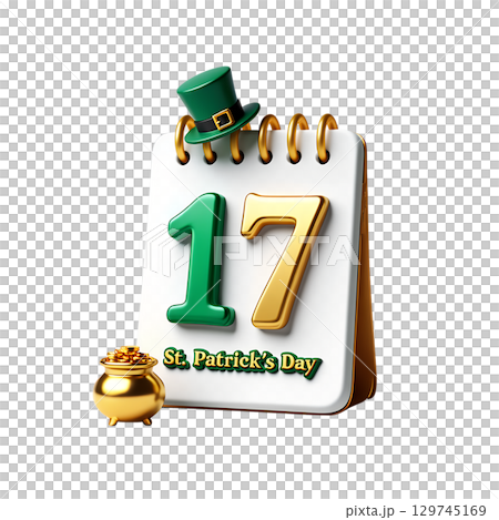 3d st. patrick's day calendar with leprechaun hat and golden coins, holiday isolated on transparent background 3d st. patrick's day calendar with leprechaun hat and golden coins, holiday isolated on transparent background 129745169