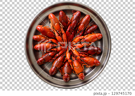 Steamed crawfish platter with spices, seafood boil feast isolated on transparent background Steamed crawfish platter with spices, seafood boil feast isolated on transparent background 129745170
