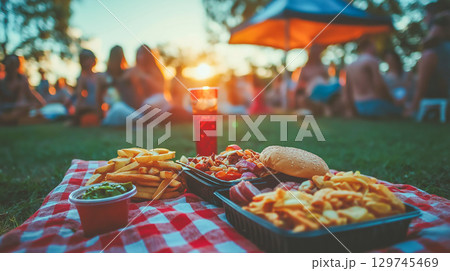 Sunny picnic with tasty food and friends 129745469