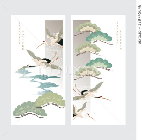 Japanese background with hand drawn bonsai tree and wave decorations in vintage style. Crane birds with blue and gold watercolor texture card design Japanese background with hand drawn bonsai tree and wave decorations in vintage style. Crane birds with blue and gold watercolor texture card design 129745646