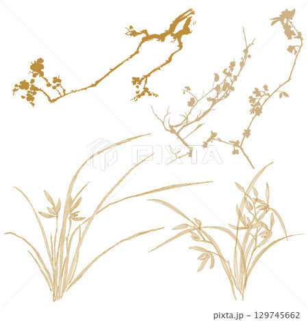 Set of hand drawn branch of flower with Japanese pattern vector. Cherry blossom flower and Orchid flower. Oriental decoration with logo design, flyer or presentation in vintage style. 129745662