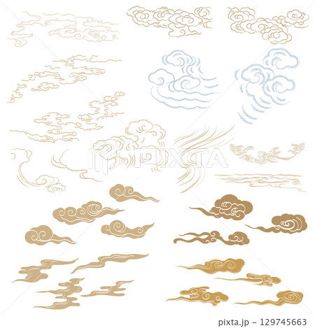 Set of hand drawn cloud with Japanese pattern vector. Oriental decoration with logo design, flyer or presentation in vintage style. Fuji mountain, bamboo, bonsai tree element with geometric shape. 129745663