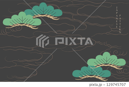 Gold and green brush stroke texture with Japanese chinses cloud and pine tree pattern in vintage style. Abstract art landscape banner design 129745707