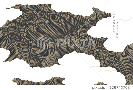 Gold brush stroke texture with Japanese chinses cloud and wave pattern in vintage style. Abstract art landscape banner design 129745708