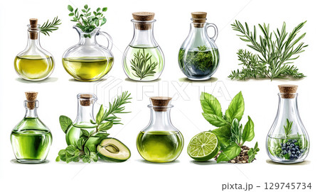 Collection of herbal spa massage oils and fresh herb watercolor on white background. 129745734