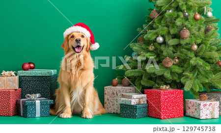 Cute dog in festive hat surrounded by Christmas gifts 129745738