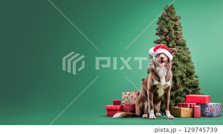 Cute dog with Santa hat in festive setting 129745739