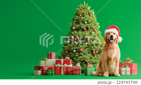 Cute dog in a Santa hat with Christmas decor 129745740