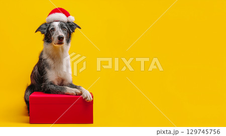 Dog in Santa hat by Christmas tree 129745756