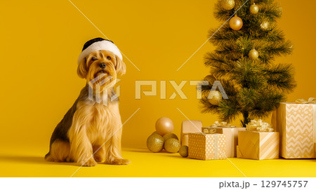 Cute dog sitting next to the Christmas tree and presents 129745757