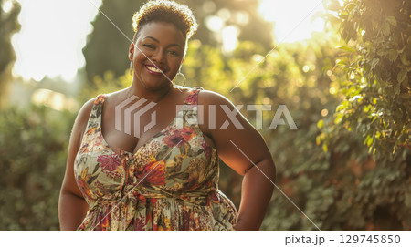 Confident plus size woman in floral dress smiling outdoors, natural beauty portrait 129745850
