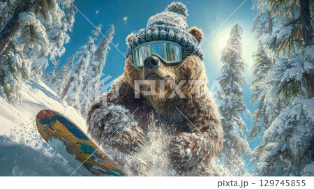 Cool bear in winter hat and ski goggles goes down the mountain on snowboard, funny adventure among animals in winter sports 129745855